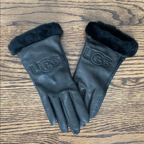 UGG Black Leather Gloves with Fur Trim - Picture 1 of 6